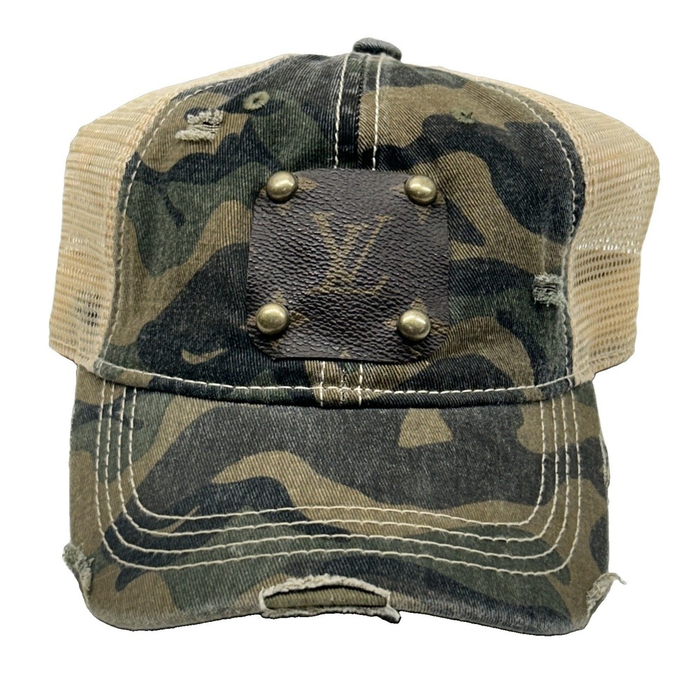 C.C. Camo Distressed Trucker Hat Mesh Back LV Monogram Patch Ponytail Cap